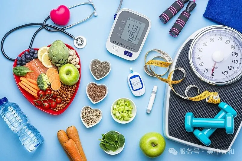 Healthy food, blood pressure monitor, and fitness tools representing lifestyle and metabolic health