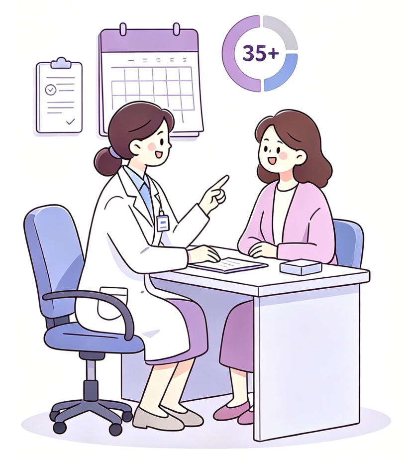 Doctor consulting a woman over 35 about pregnancy planning, with a calendar and a 35+ indicator