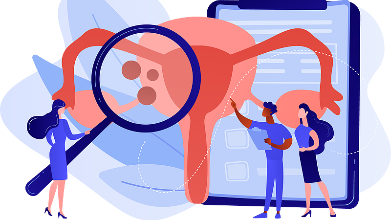 Illustration of endometriosis assessment and gynecologic consultation